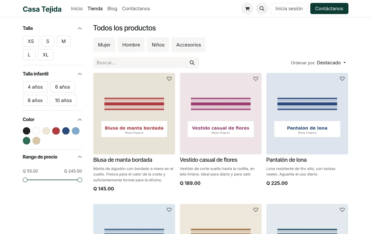 La tienda en línea de Casa Tejida: categorías, tallas, colores y filtro de precio